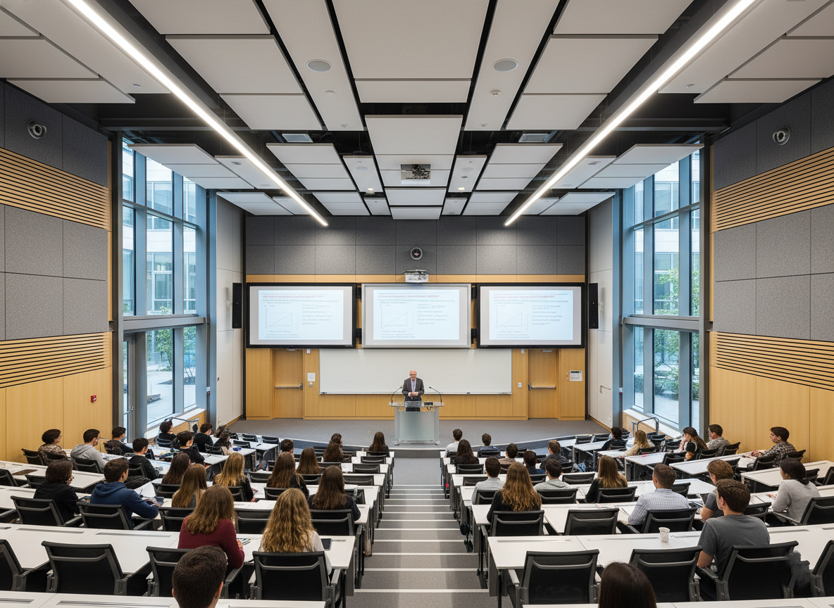 University lecture hall with acoustic ceiling panels and professor at podium